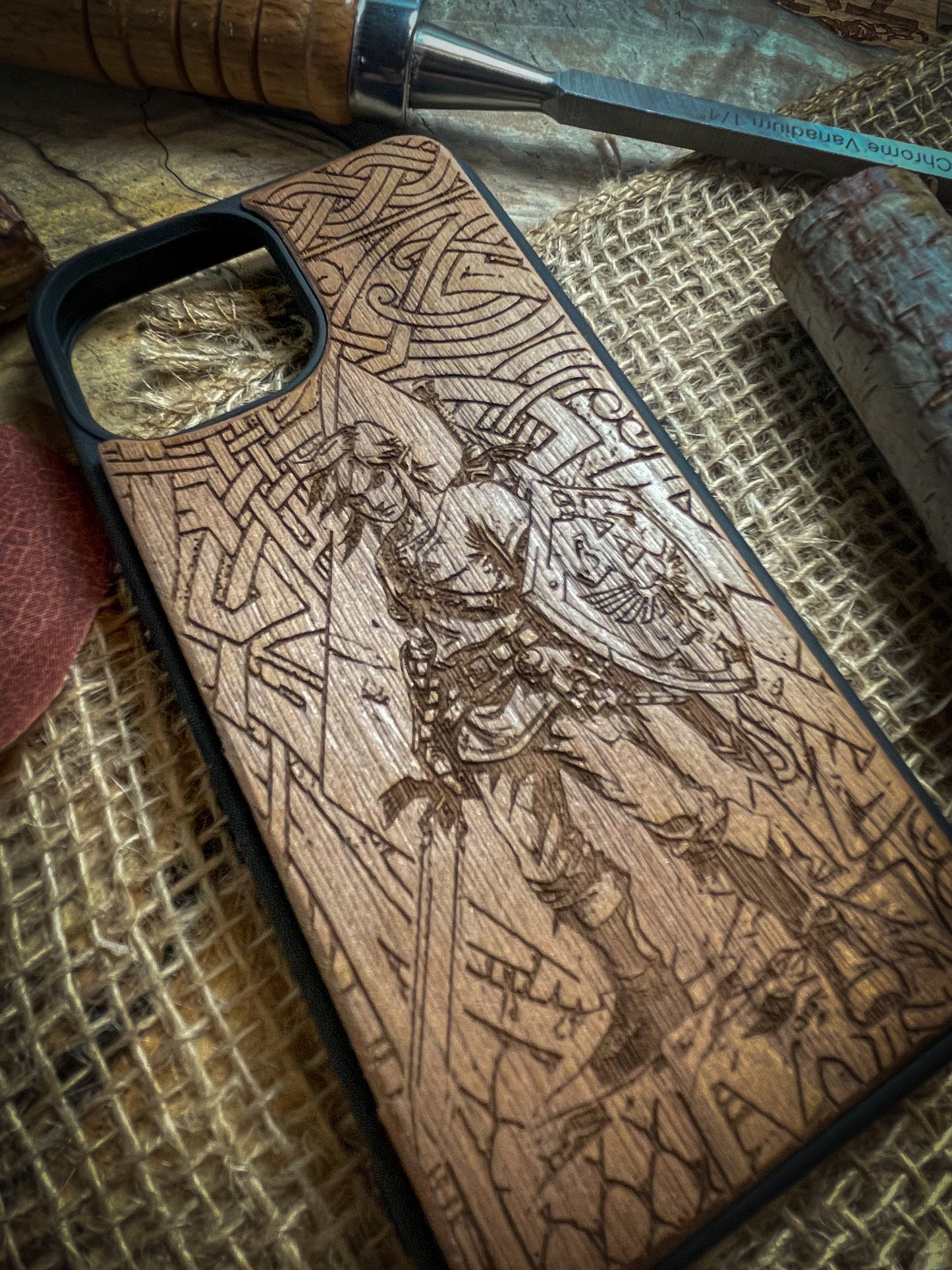 a wooden phone case with a picture of a man on it