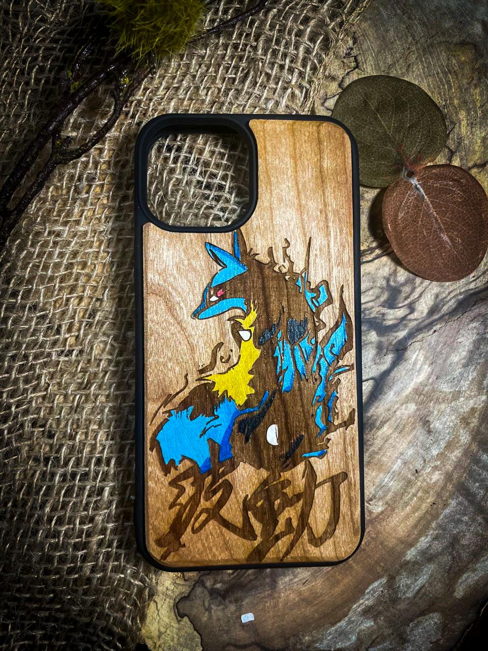 a wooden phone case with a picture of a man riding a horse