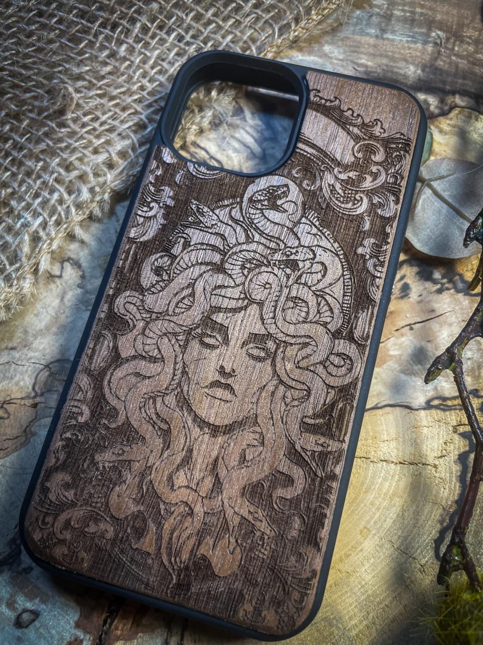 a wooden phone case with a picture of a woman's face